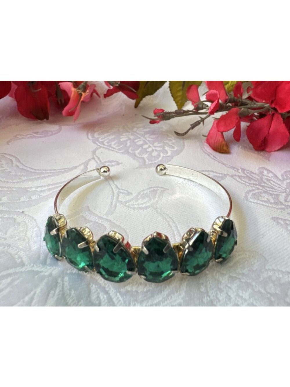 Green Teardrop Faux Crystal Silvertone Rhinestone Cuff Bracelet Womens Party NEW - Picture 2 of 4